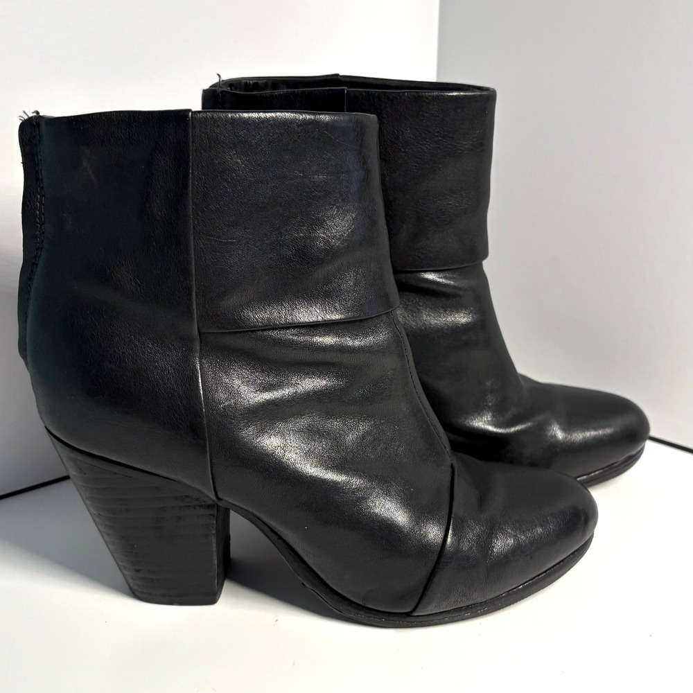 Rag & Bone Women's Black Leather Block Heel Back Zip Ankle Boots‎ in Size EU 38